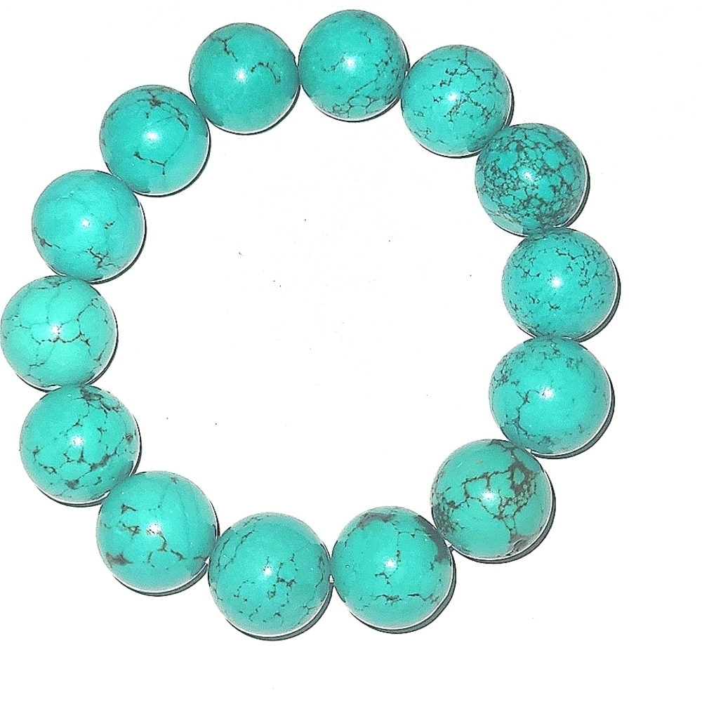 Bracelet 15mm Turquoise w black matrix Round Beads 7.5" stretch Chunky Statement
